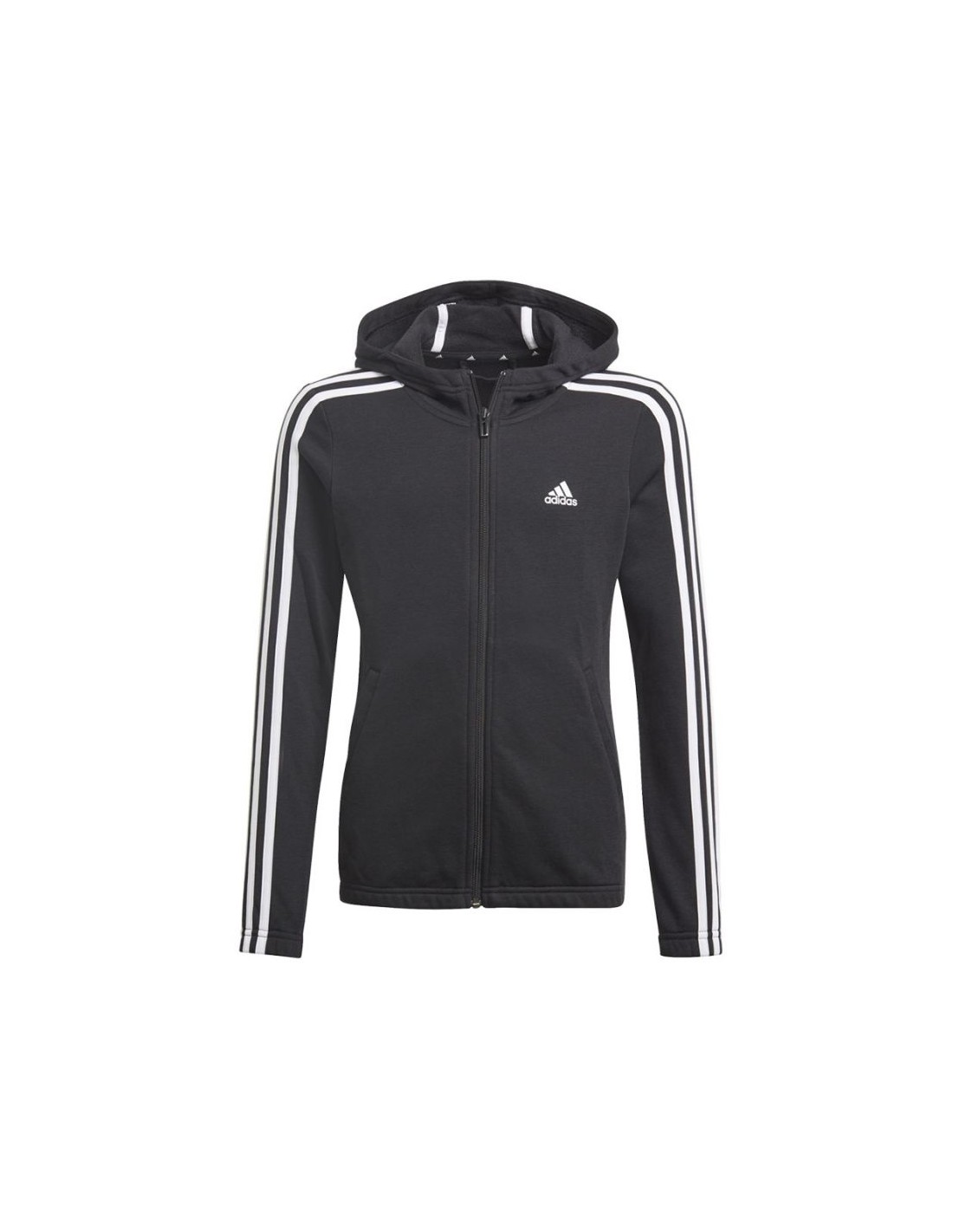 Adidas Αθλητική Παιδική Ζακέτα Φούτερ με Κουκούλα Μαύρη Essentials 3-Stripes GQ8356