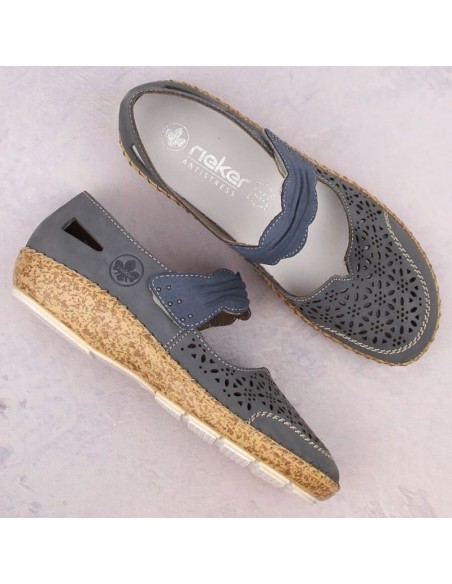 Rieker W RKR648 blue leather openwork shoes