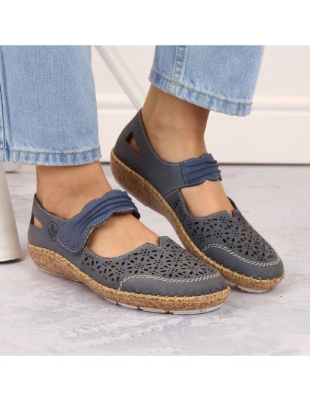 Rieker W RKR648 blue leather openwork shoes