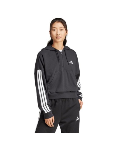 Women's adidas Essentials 3Stripes French Terry QuarterZip Hoodie Black JN1956