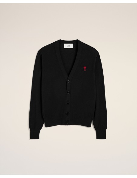 Ami Paris Small A Heart Cardigan Black Red BFHKC111KN0025001 MBS