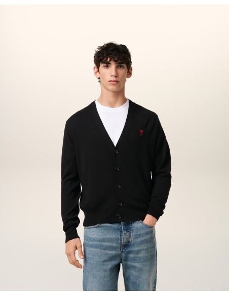 Ami Paris Small A Heart Cardigan Black Red BFHKC111KN0025001 MBS