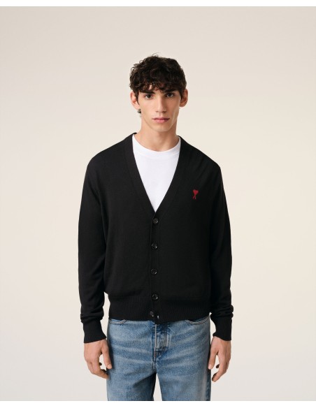 Ami Paris Small A Heart Cardigan Black Red BFHKC111KN0025001 MBS