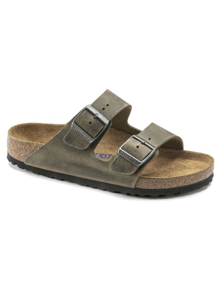 Birkenstock Arizona Soft Footbed Oiled Leather Narrow Faded Khaki Slides for Narrow Feet 1019377