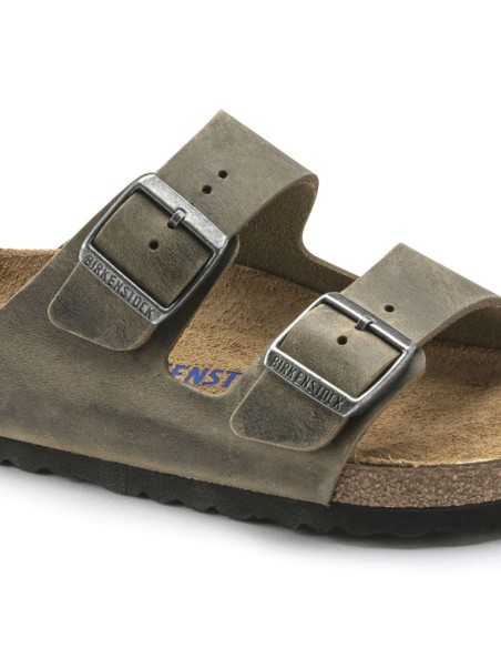 Birkenstock Arizona Soft Footbed Oiled Leather Narrow Faded Khaki Slides for Narrow Feet 1019377