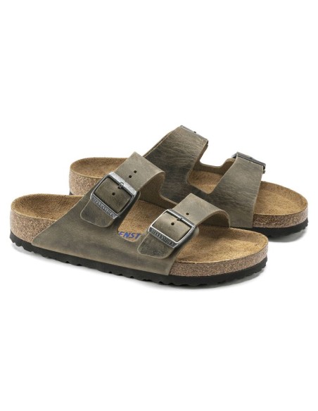 Birkenstock Arizona Soft Footbed Oiled Leather Narrow Faded Khaki Slides for Narrow Feet 1019377