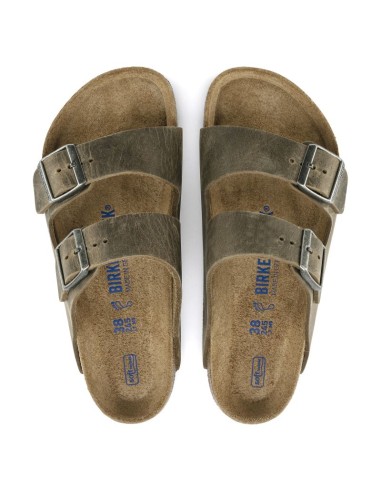 Birkenstock Arizona Soft Footbed Oiled Leather Narrow Faded Khaki Slides for Narrow Feet 1019377