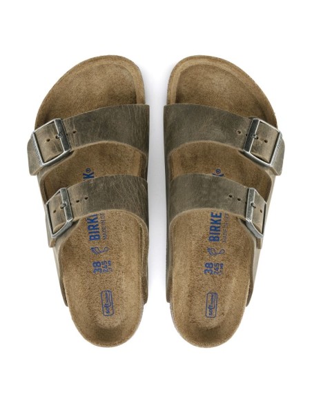 Birkenstock Arizona Soft Footbed Oiled Leather Narrow Faded Khaki Slides for Narrow Feet 1019377